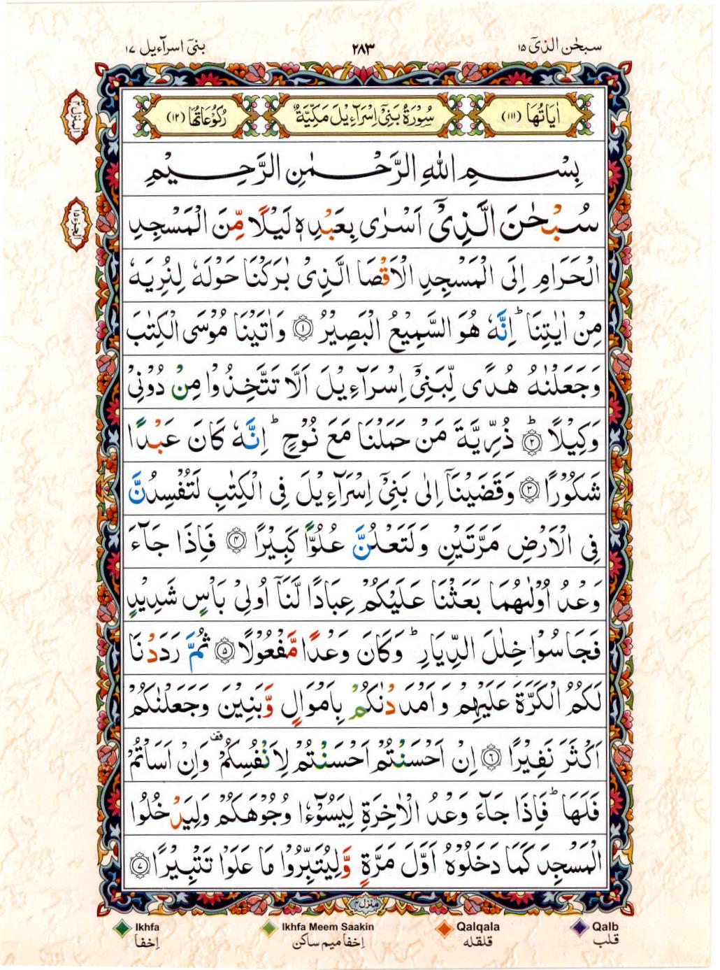 Reading Al Quran 15 Lines Part / Chapter / Siparah 15 Page 283